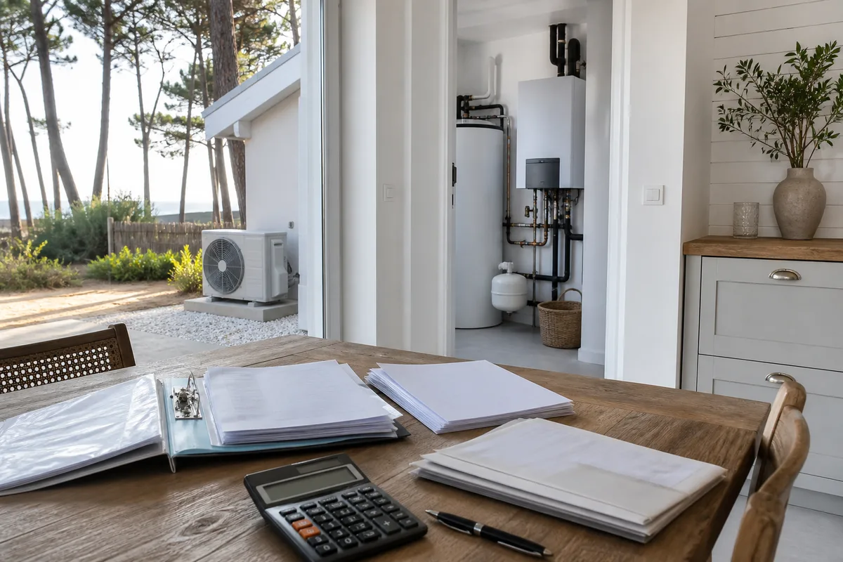 Table de cuisine avec devis de travaux, calculatrice et documents administratifs classés