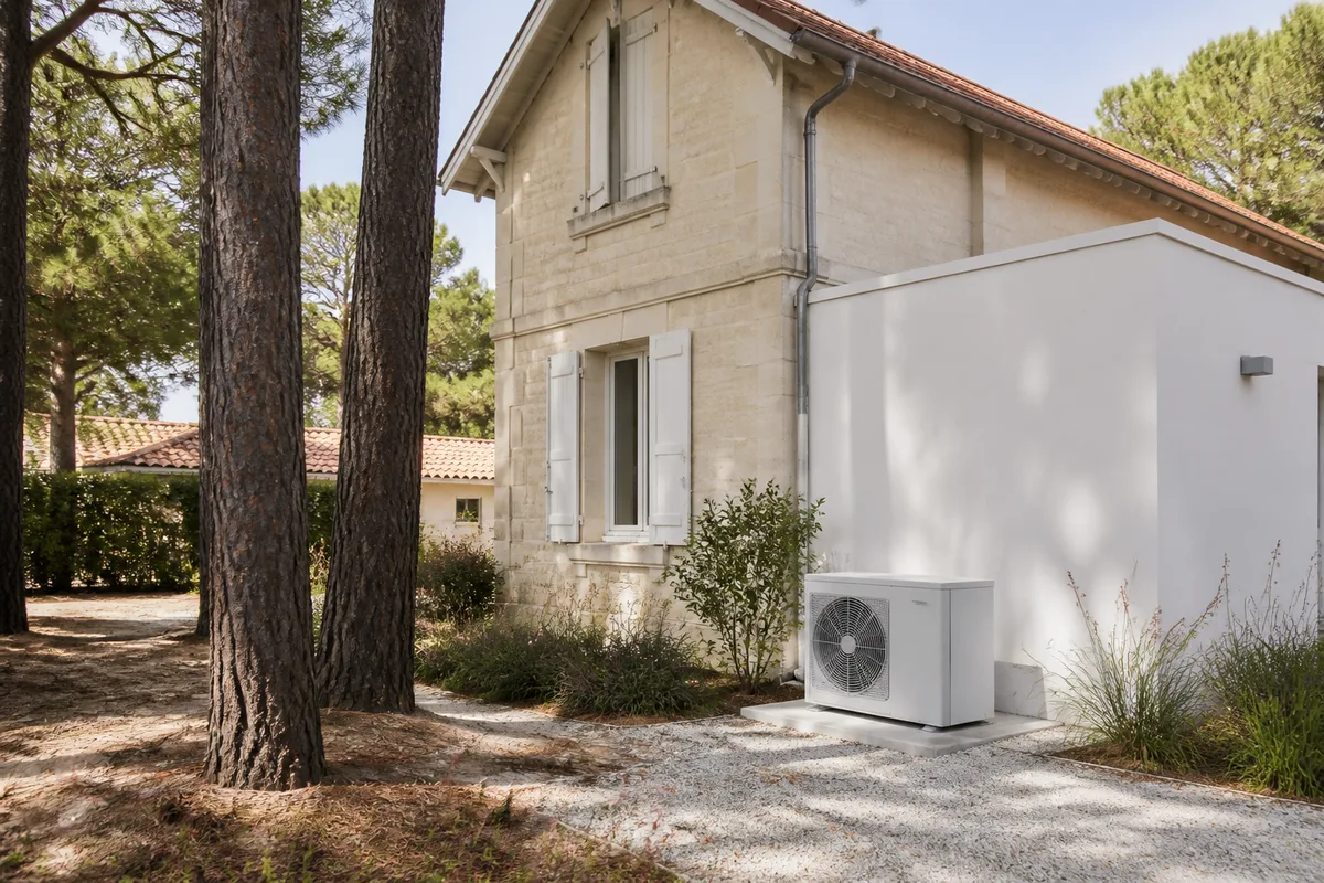 Maison girondine en pierre avec unité extérieure de climatisation posée à l&rsquo;ombre d&rsquo;un mur