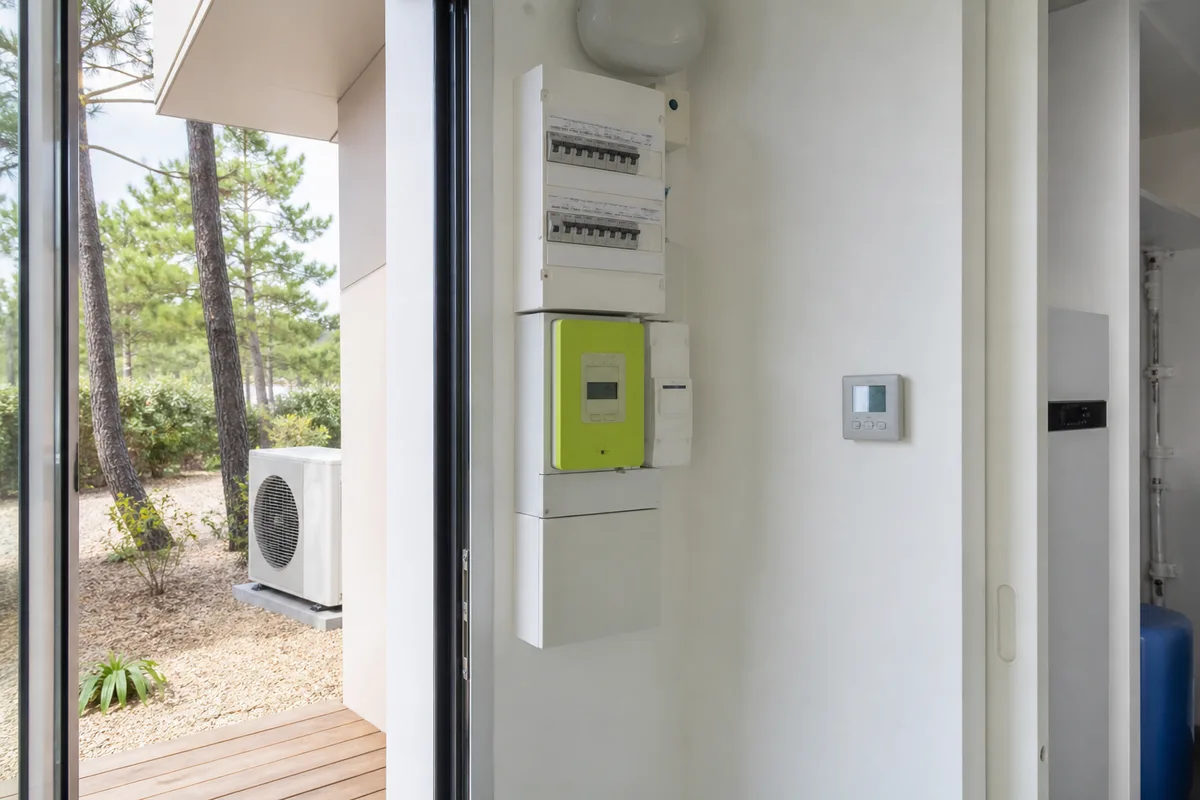 Compteur électrique et thermostat connecté dans l&rsquo;entrée d&rsquo;une maison