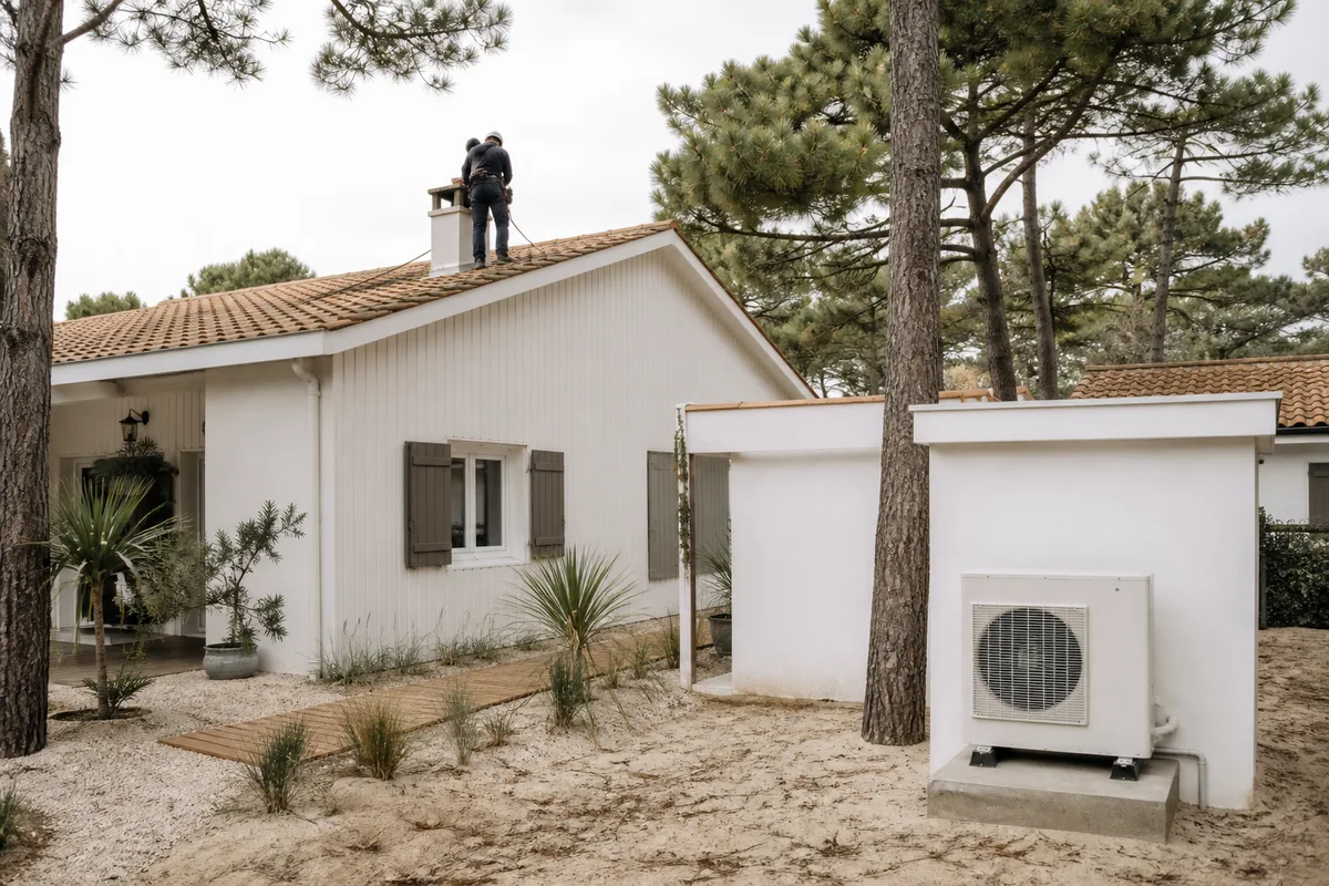 Technicien contrôlant un conduit de fumée sur une toiture de maison