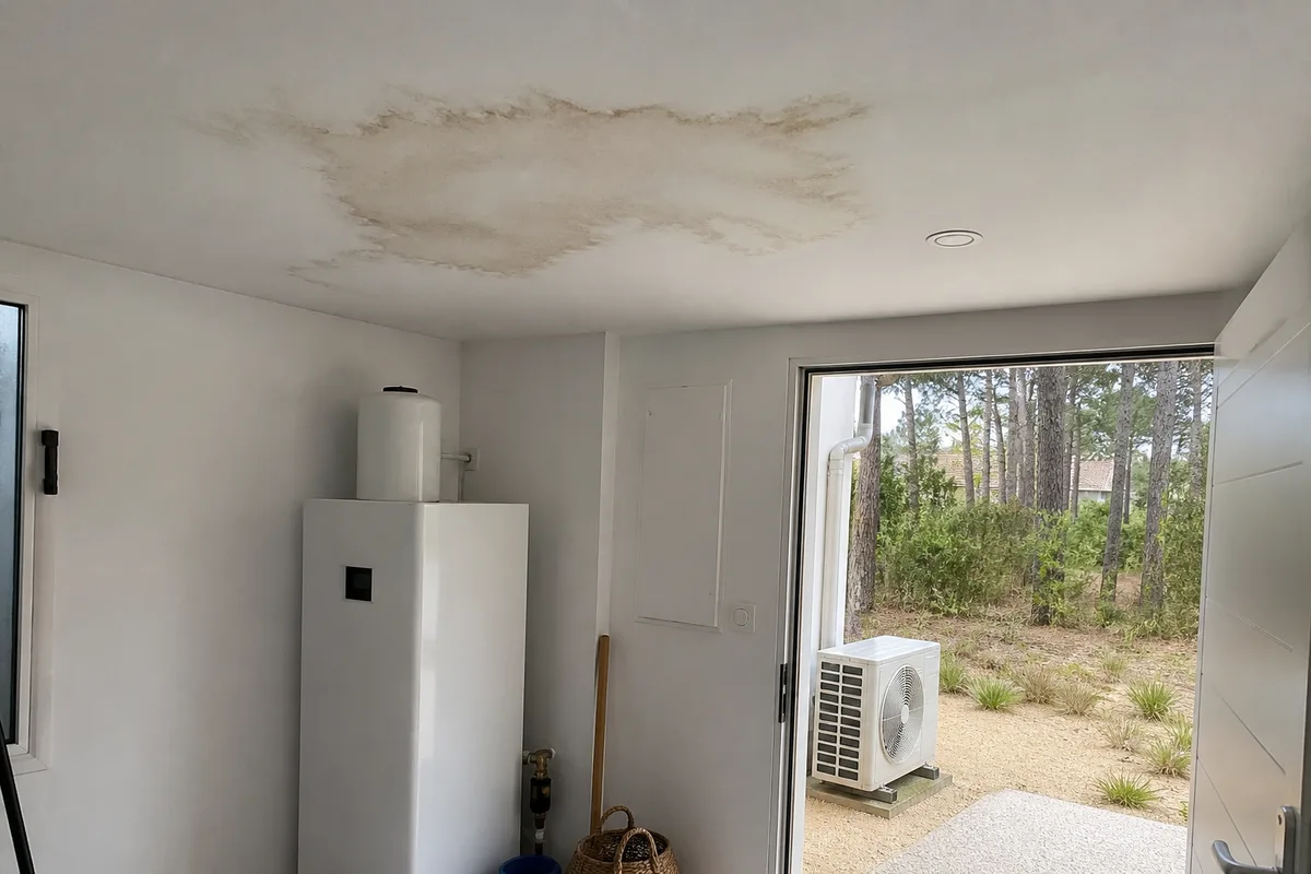 Plafond taché par une infiltration photographié au téléphone pour un dossier d&rsquo;assurance
