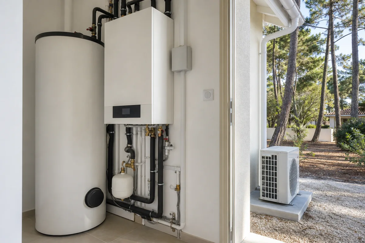 Module hydraulique intérieur d&rsquo;une pompe à chaleur avec ballon d&rsquo;eau chaude dans un local technique